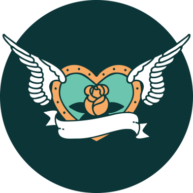 Bir insan tarafından çizilmiş çiçek ve bayrak ile uçan bir kalbin ikonik dövme görüntüsü