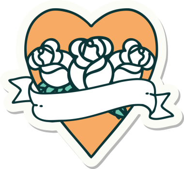 Geleneksel kalp stili dövme çıkartması ve bir insan tarafından çizilmiş çiçekli pankart.