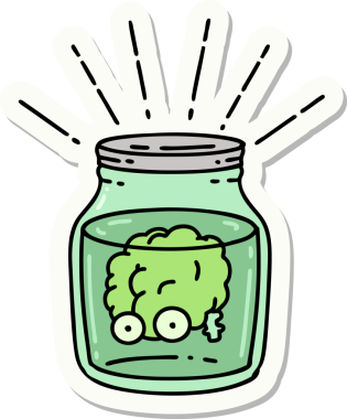 Kavanozda bir insan tarafından çizilmiş dövme stili bir beyin çıkartması.