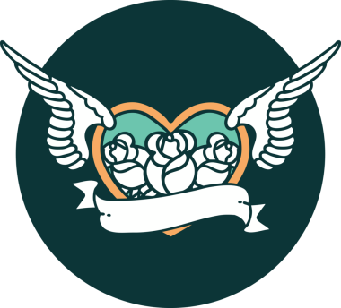 Bir insan tarafından çizilmiş çiçek ve bayrak ile uçan bir kalbin ikonik dövme görüntüsü