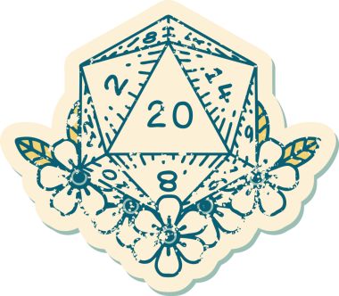 Retro Dövme Biçimi Doğal 20 D20 zar bir insan tarafından çizilmiş çiçek elementleriyle