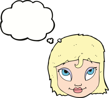 Bir insan tarafından çizilmiş düşünce baloncuğuyla gülümseyen çizgi film kadını.