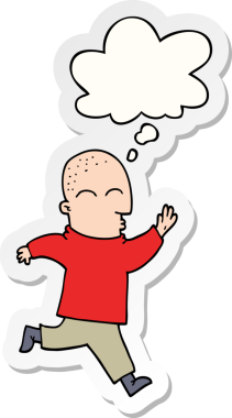 İnsan tarafından çizilmiş bir çıkartma gibi düşünce baloncuğuyla koşan çizgi film adamı.