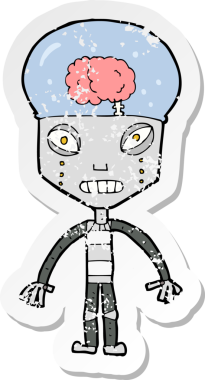 Bir insan tarafından çizilmiş garip bir robot çizgi filmin gerilimli çıkartması.