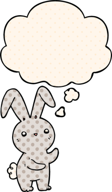 Bir insan tarafından çizilmiş çizgi roman tarzı düşünce baloncuğu olan sevimli çizgi film tavşanı.