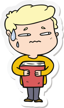 Bir insan tarafından çizilmiş kitabı taşıyan endişeli bir çocuğun çıkartması.