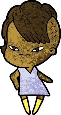 Bir insan tarafından çizilmiş hippi saç kesimli sevimli bir çizgi film kızı.