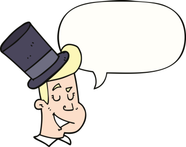 Bir insan tarafından çizilmiş konuşma balonlu silindir şapkalı bir karikatür adam.