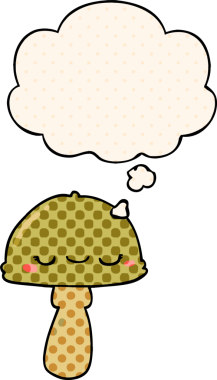 Çizgi roman tarzında bir insan tarafından çizilmiş düşünce baloncuklu mantar.