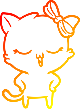 Kafasında yay, kalçasında insan eli olan çizgi film kedisinin sıcak çizgi çizimi.