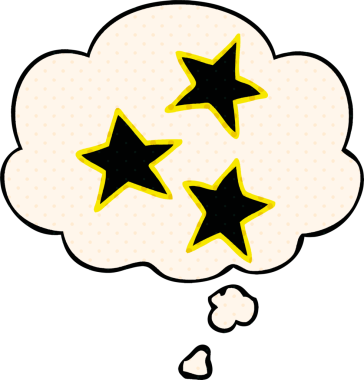 Çizgi roman tarzında bir insan tarafından çizilmiş düşünce baloncuğu olan çizgi film yıldızları