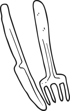 Bir insan tarafından çizilmiş siyah beyaz karikatür bıçağı ve çatal.