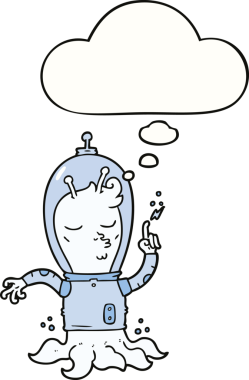 Bir insan tarafından çizilmiş düşünce kabarcığı olan bir uzaylı çizgi filmi.