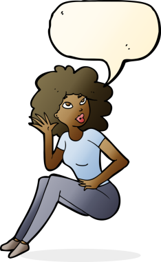 Bir insan tarafından çizilmiş bir konuşma balonuyla dinleyen çizgi film kadını.