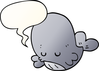 Bir insan tarafından çizilmiş, konuşma baloncuklu çizgi film balinası.