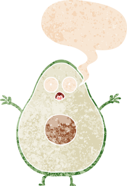 bir insan tarafından çizilmiş grunge sıkıntılı retro desenli konuşma baloncuklu avokado çizgi film