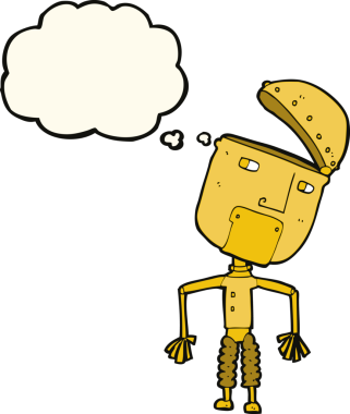 Bir insan tarafından çizilmiş düşünce baloncuklu komik robot.