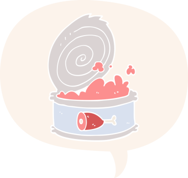 Bir insan tarafından çizilmiş retro tarzı konuşma baloncuklu konserve yiyecekler.