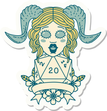 Bir insan tarafından çizilmiş doğal yirmi zarla yapıştırılmış bir etiket.