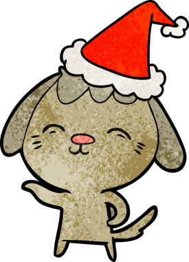 Mutlu el çizimi, bir insan tarafından çizilmiş Noel Baba şapkası takan bir köpeğin çizgi filmi.