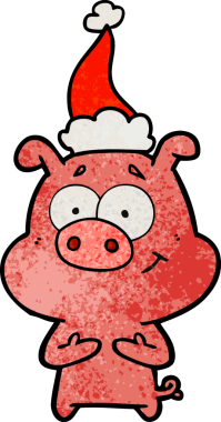 Mutlu el çizimi bir insan tarafından çizilmiş Noel Baba şapkası takan bir domuzun çizgi filmi.