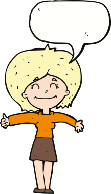 Çizgi filmdeki kadın, bir insan tarafından çizilmiş konuşma balonuyla baş parmağıyla işaret veriyor.