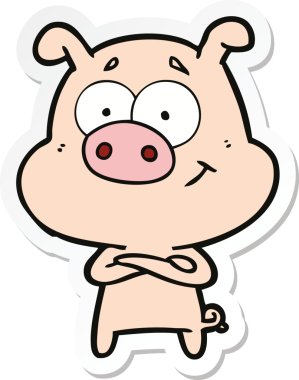 Bir insan tarafından çizilmiş mutlu çizgi film domuzu çıkartması.