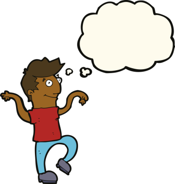 çizgi film mutlu adam bir insan tarafından çizilmiş düşünce baloncuğuyla komik dans yapıyor