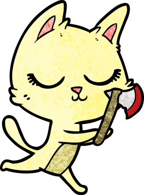 Bir insan tarafından çizilmiş baltalı sakin bir çizgi film kedisi.