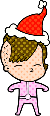 Bir insan tarafından çizilmiş fütürist kıyafetler giyen ve Noel Baba şapkası takan bir kızın el çizimi çizgi roman tasviri.