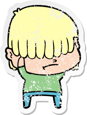 Bir insan tarafından çizilmiş dağınık saçlı bir çizgi film çocuğunun sıkıntılı çıkartması.