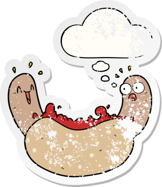 Düşünce balonlu çizgi film sosislisi insan tarafından çizilmiş yıpranmış bir çıkartma.