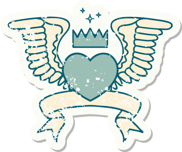 Bir insan tarafından çizilmiş kanatlı bir kalbin bayrağını taşıyan eski bir etiket.