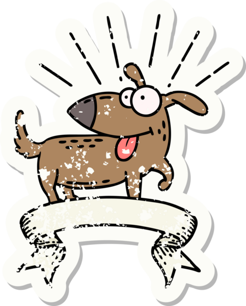 Dövme stili eski bir çıkartma bir insan tarafından çizilmiş mutlu bir köpek.