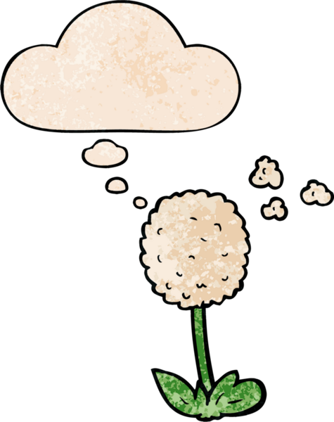 Bir insan tarafından çizilmiş grunge desenli düşünce baloncuğu olan karikatür çiçeği