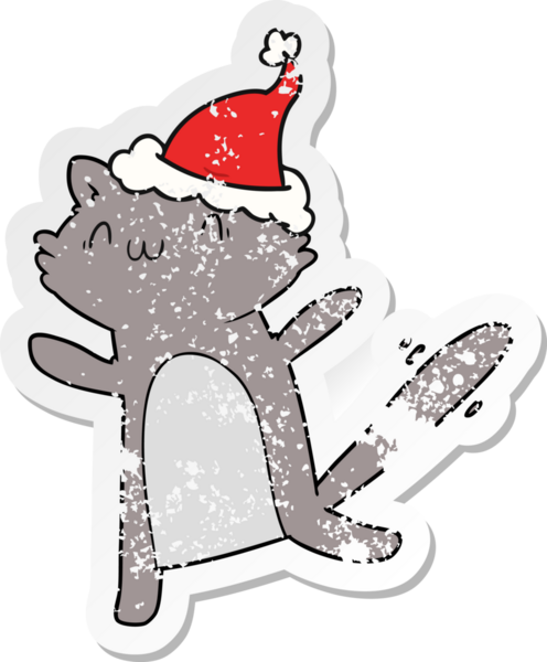 Bir insan tarafından çizilmiş Noel Baba şapkası giymiş dans eden bir kedinin el yazısı.