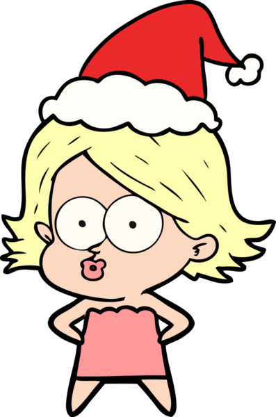 Bir insan tarafından çizilmiş Noel Baba şapkasıyla somurtan bir kızın el çizimi.