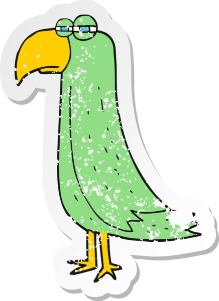 Bir insanın çizdiği karikatür papağanının kederli retro yapıştırması.