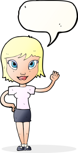 Bir insan tarafından çizilmiş bir konuşma balonuyla el sallayan çizgi film kadını.