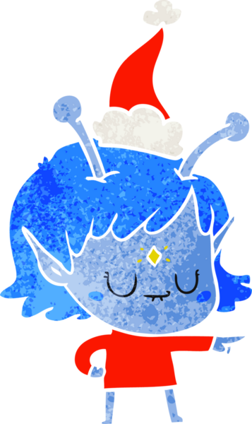 Bir insan tarafından çizilmiş Noel Baba şapkası giyen uzaylı bir kızın el çizimi karikatürü.