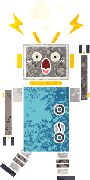 Bir insan tarafından çizilmiş arızalı bir robotun retro çizim tarzı karikatürü