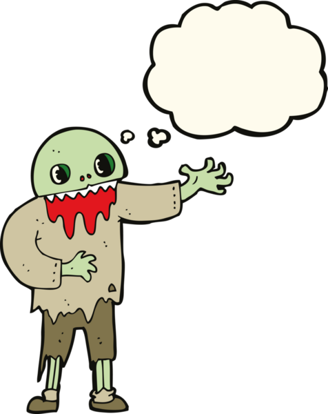 Bir insan tarafından çizilmiş düşünce baloncuklu tuhaf zombi çizgi filmi.