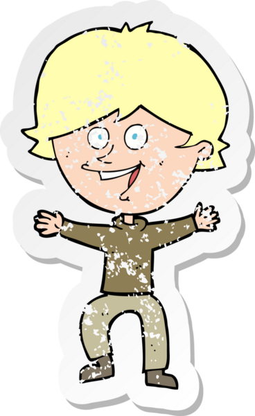 Bir insan tarafından çizilmiş mutlu çocuk çizgi filminin kederli retro yapıştırması.