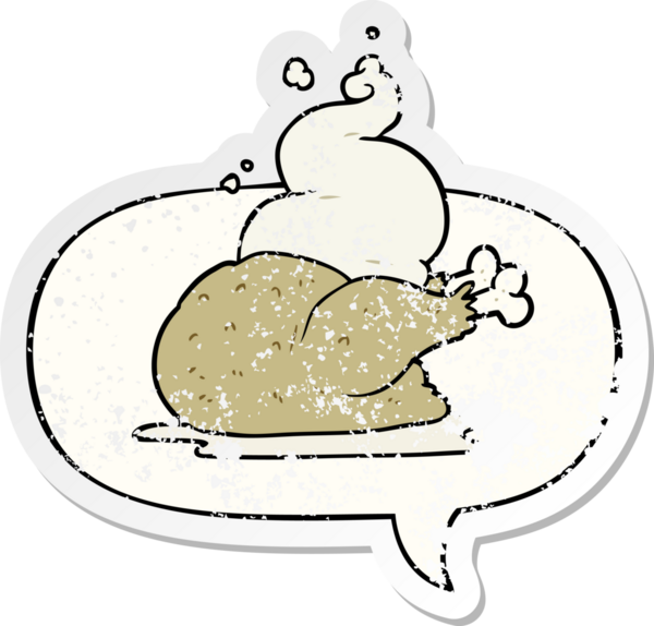 Bir insan tarafından çizilmiş karikatür, konuşma baloncuğu ile pişirilmiş tavuk dertli eski bir çıkartma