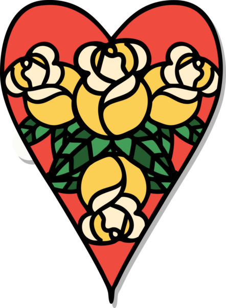 Geleneksel kalp stili dövme çıkartması ve bir insan tarafından çizilmiş çiçekler.