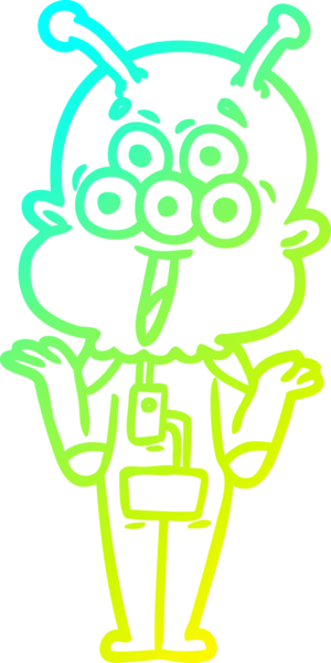 Bir insanın omuzlarını silkeleyen mutlu bir uzaylı çizgi filminin soğuk gradyan çizgisi.