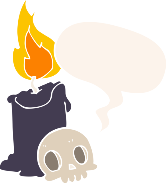 bir insan tarafından çizilmiş, konuşma baloncuklu kafatası ve mum.