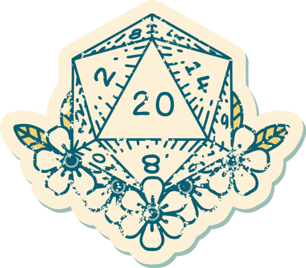 Retro Dövme Biçimi Doğal 20 D20 zar bir insan tarafından çizilmiş çiçek elementleriyle