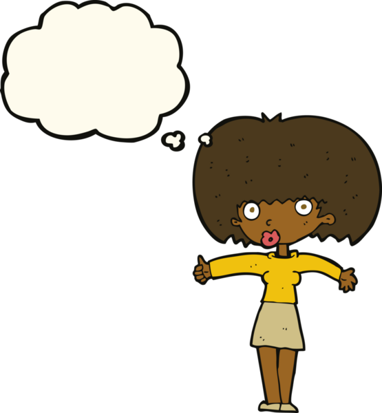 Bir insan tarafından çizilmiş düşünce baloncuğuyla baş parmağıyla işaret veren çizgi film kadını.