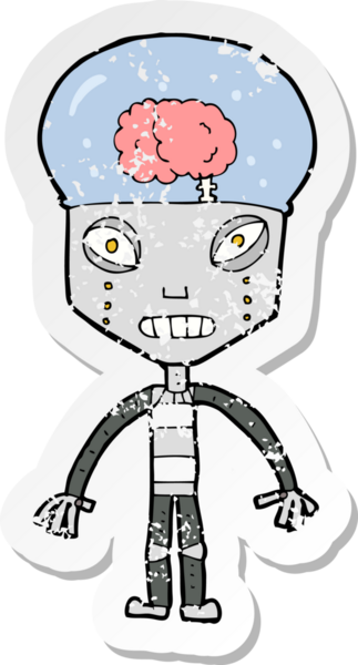 Bir insan tarafından çizilmiş garip bir robot çizgi filmin gerilimli çıkartması.